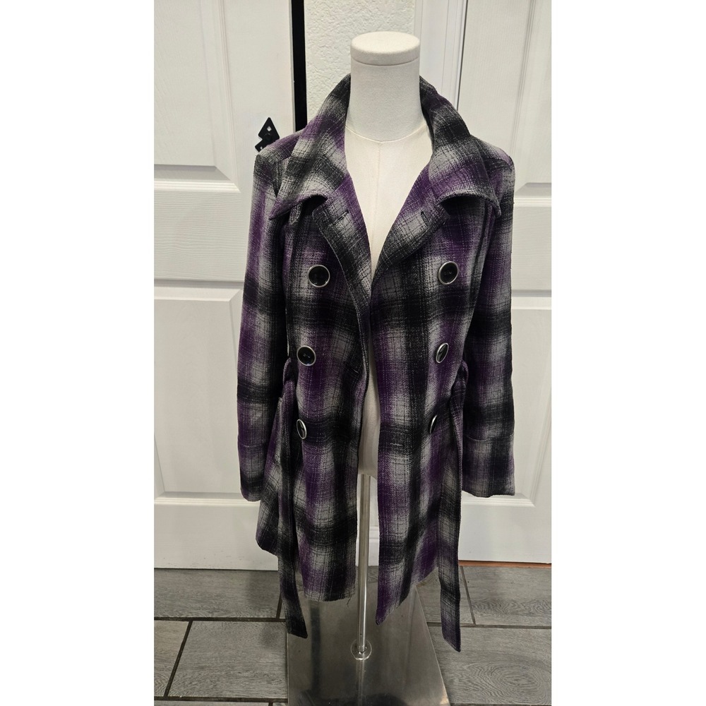 Outer Edge Purple Black Plaid Wool Blend Double Breasted Belted Peacoat Small